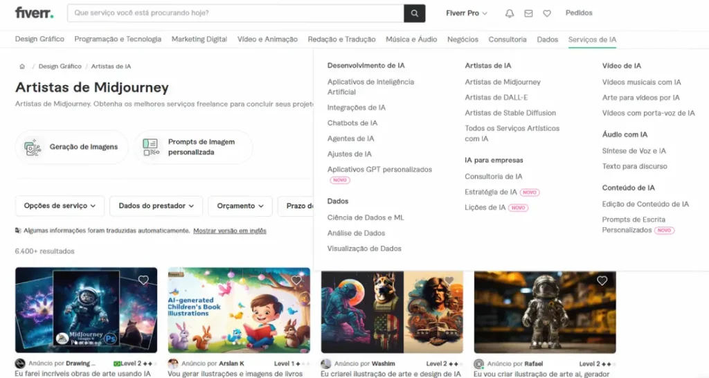 Trabalhos para Home Office com Midjourney no Fiverr para Freelancers.