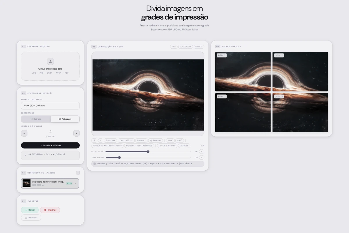Ferramenta dividindo imagem em 4 partes na horizontal com tema claro