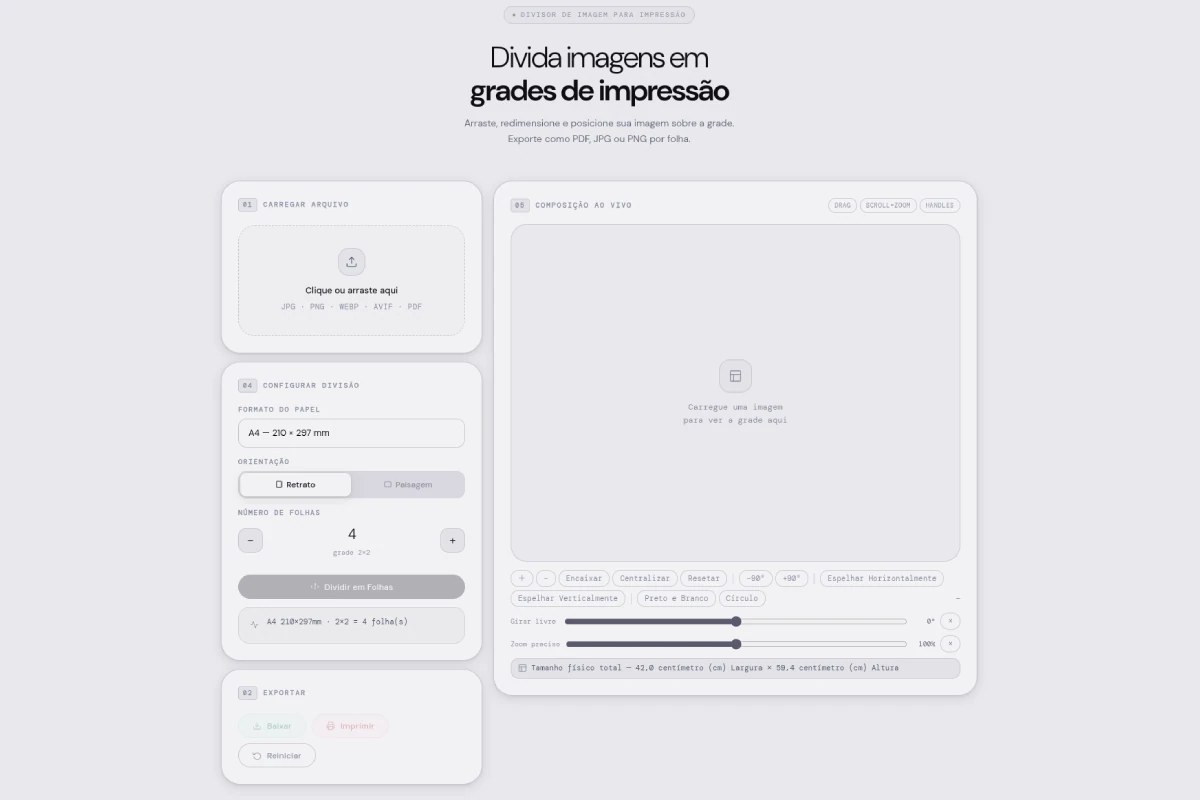 Interface do Divisor de Imagens TelmoCreations com tema claro
