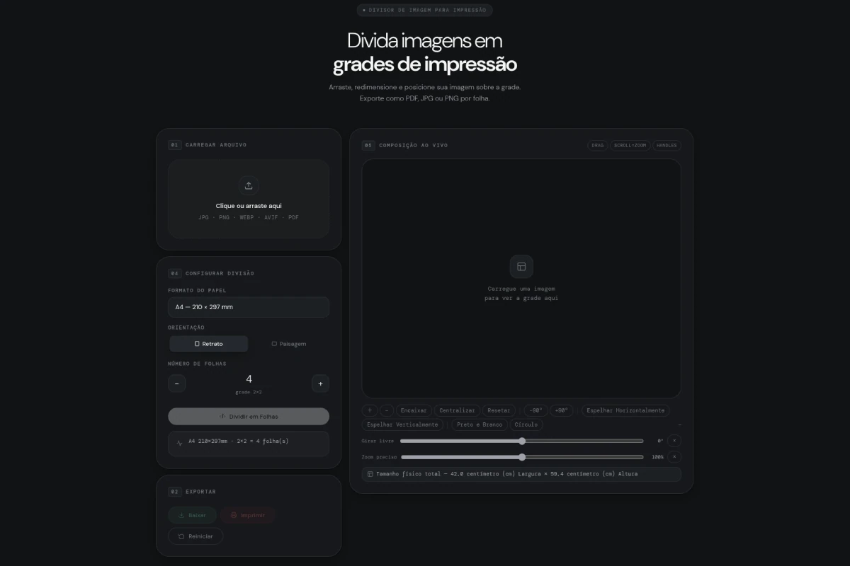 Interface do Divisor de Imagens TelmoCreations com tema escuro
