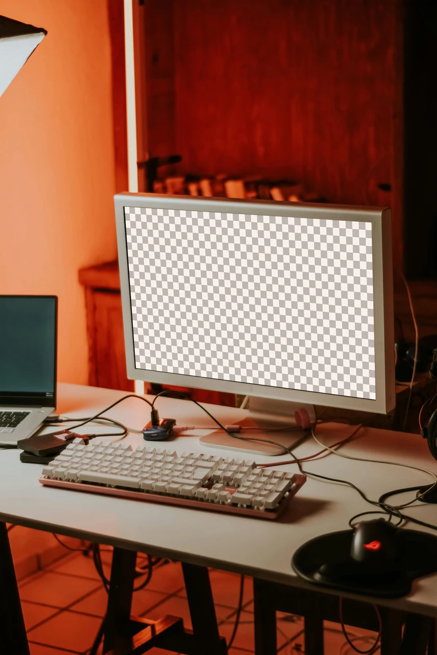 Mockup de monitor com foto real de fotógrafo, modelo 03, gratuito para uso pessoal e comercial