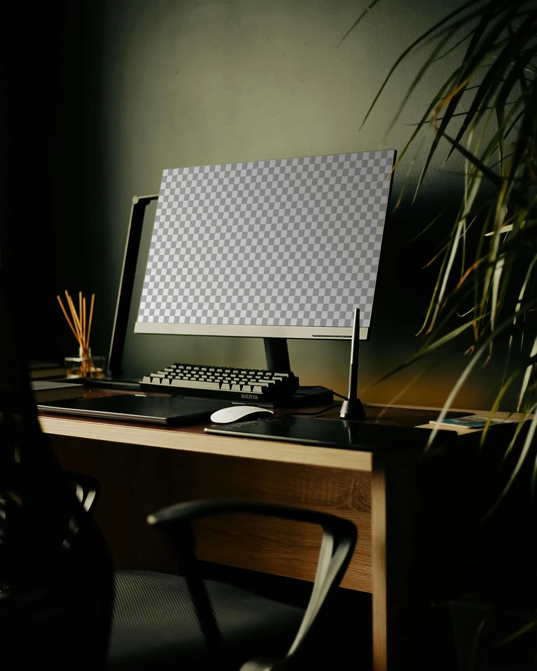 Mockup de monitor com foto real de fotógrafo, modelo 05, gratuito para uso pessoal e comercial