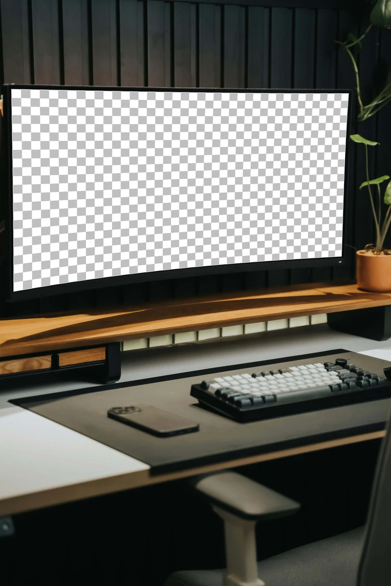 Mockup de monitor ultrawide com imagem real de fotógrafo, modelo 12, gratuito para uso pessoal e comercial