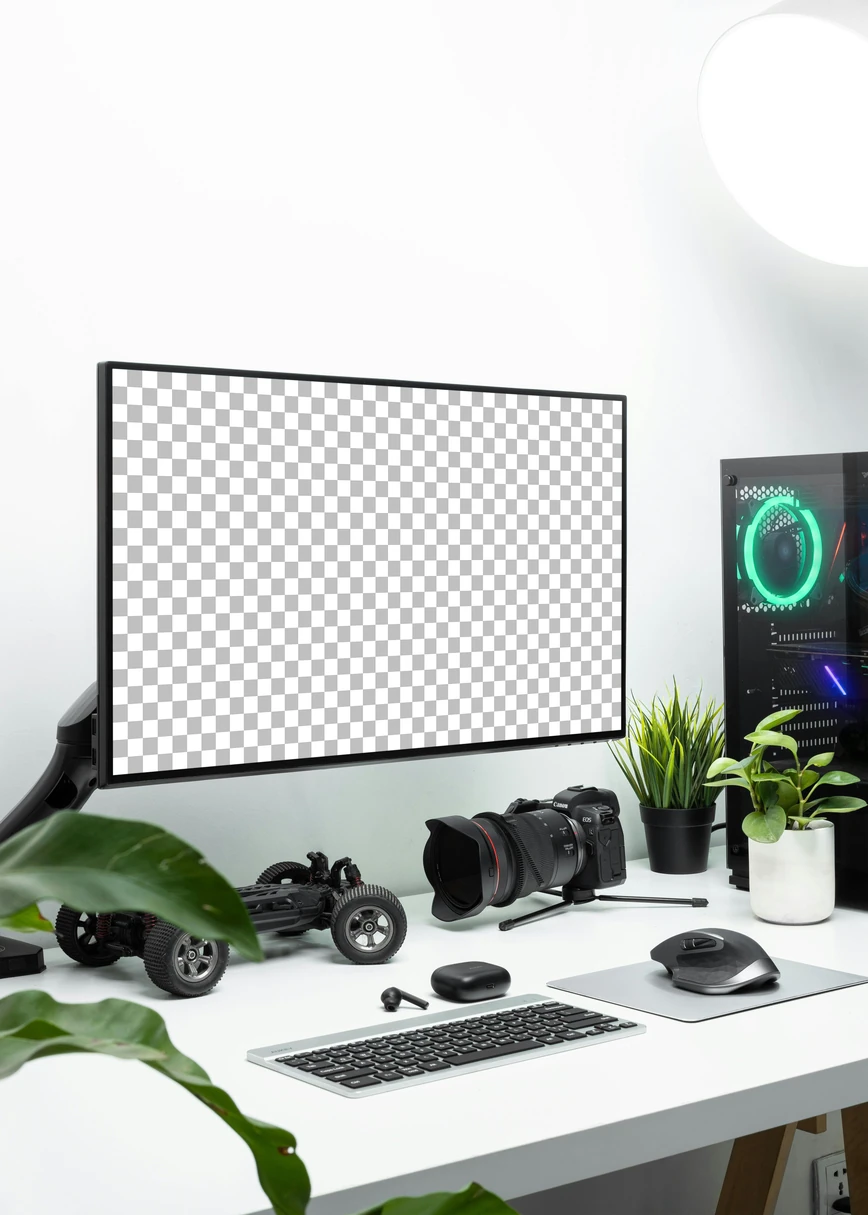 Mockup de monitor com foto real de fotógrafo, modelo 02, gratuito para uso pessoal e comercial